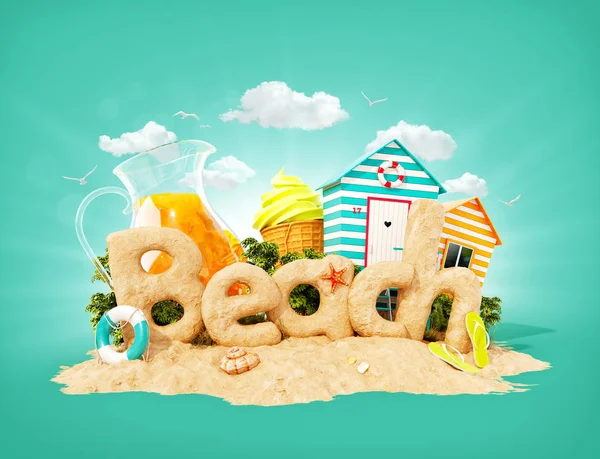 Le mot Plage fait de sable sur l'île tropicale. Illustration 3D inhabituelle des vacances d'été. Concept de voyage et vacances . — Photo