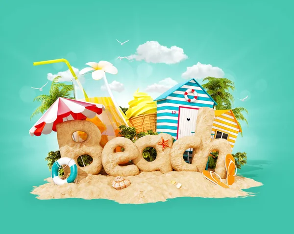La palabra playa hecha de arena en la isla tropical. Ilustración inusual 3d de vacaciones de verano. Concepto de viajes y vacaciones . —  Fotos de Stock
