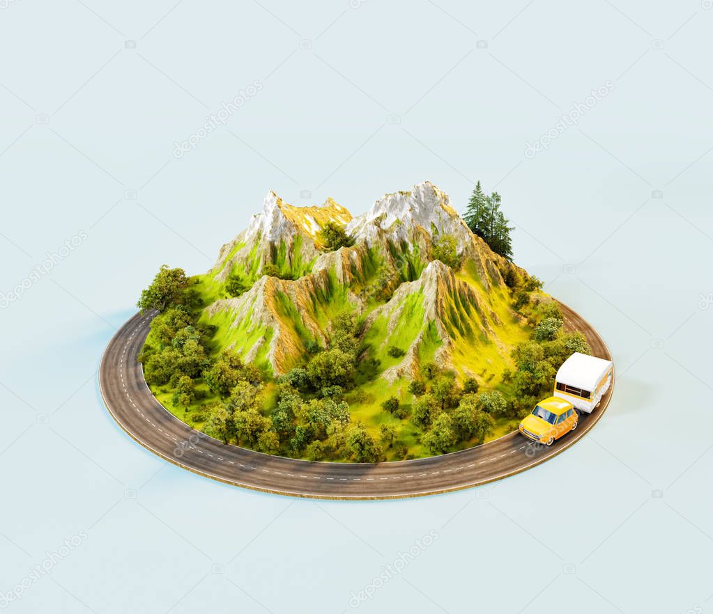 Unusual 3d illustration of a mount with the road around.