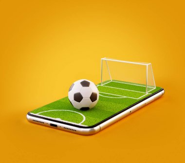 Futbol sahası ve futbol topu bir smartphone ekranda sıradışı 3d çizimi. Futbol izlerken ve online kavramı bahis