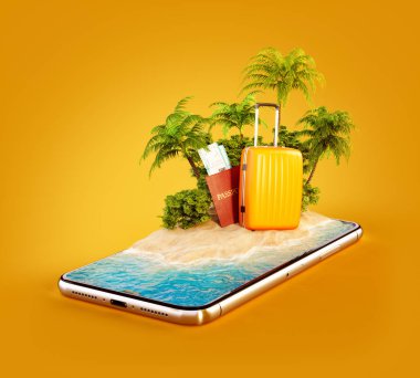 Palmiye ağaçları, bavul ve pasaport bir smartphone ekran üzerinde bir tropik ada alışılmadık 3d Illustration. Seyahat ve tatil kavramı