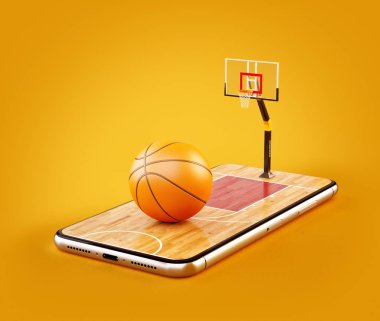 Mahkeme bir smartphone ekranında bir basketbol topu alışılmadık 3d Illustration. Basketbol izliyor ve online kavramı bahis