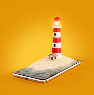 Bir deniz feneri bir smartphone ekranda sıradışı 3d Illustration. Seyahat ve tatil kavramı