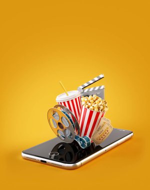 Smartphone Uygulama online satın alma ve sinema biletleri rezervasyon. Canlı film ve video izlemek. Patlamış mısır, sinema reel, tek kullanımlık Kupası, tokmağı ve smarthone bilet alışılmadık 3d çizimi