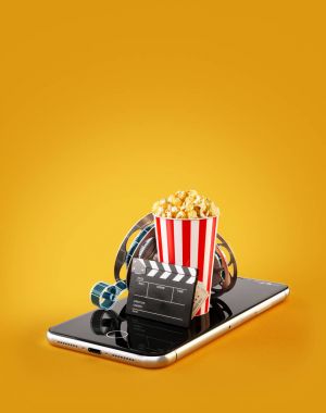Smartphone Uygulama online satın alma ve sinema biletleri rezervasyon. Canlı film ve video izlemek. Patlamış mısır, sinema reel, tek kullanımlık Kupası, tokmağı ve smarthone bilet alışılmadık 3d çizimi