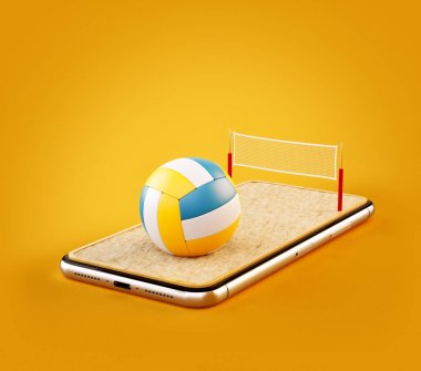 Olağandışı 3d resimde bir voleybol topu ve mahkeme bir smartphone ekranında. Plaj voleybolu izliyor ve online kavramı bahis