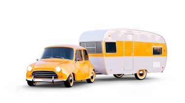 Retro araba beyaz römork ile. Klasik bir karavan alışılmadık 3d Illustration. Kamp ve kavram seyahat