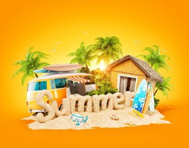 Kelime yaz kumun tropik ada üzerinde yapılmış. Yaz tatili alışılmadık 3d Illustration. Seyahat ve tatil kavramı.