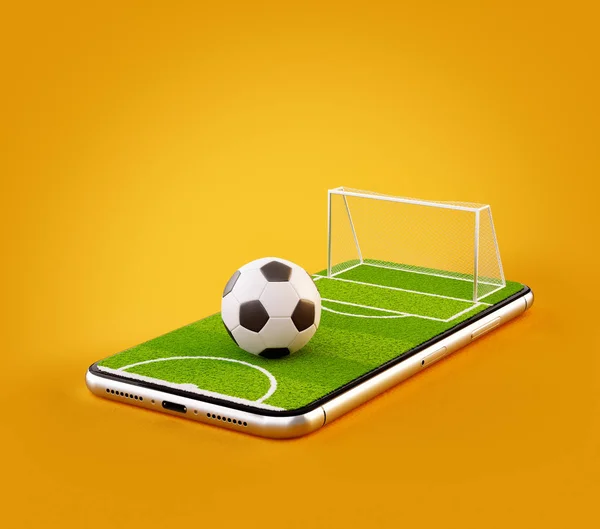 Необычная 3D иллюстрация футбольного поля и футбольного мяча на экране смартфона. Просмотр концепции футбола и ставок онлайн — стоковое фото