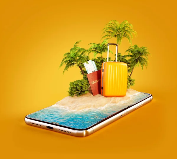 Необычная 3D иллюстрация тропического острова с пальмами, чемоданом и паспортом на экране смартфона. Концепция путешествия и отдыха — стоковое фото