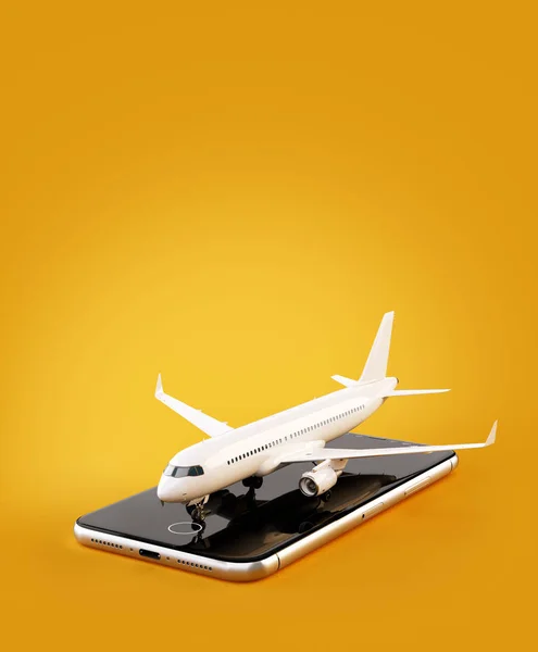 Aplicación Smartphone para la búsqueda en línea, la compra y la reserva de vuelos en Internet. Check-in en línea. Ilustración 3D inusual de avión comercial en el teléfono inteligente —  Fotos de Stock