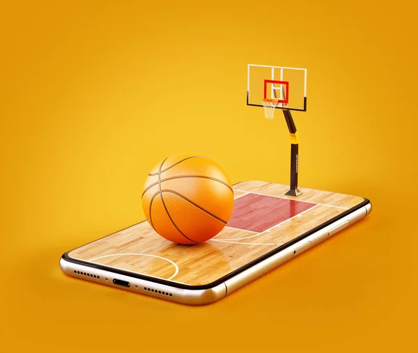 Unusual 3d illustration of a basketball ball on court on a smartphone screen. Watching basketball and betting online concept — Stock Photo, Image