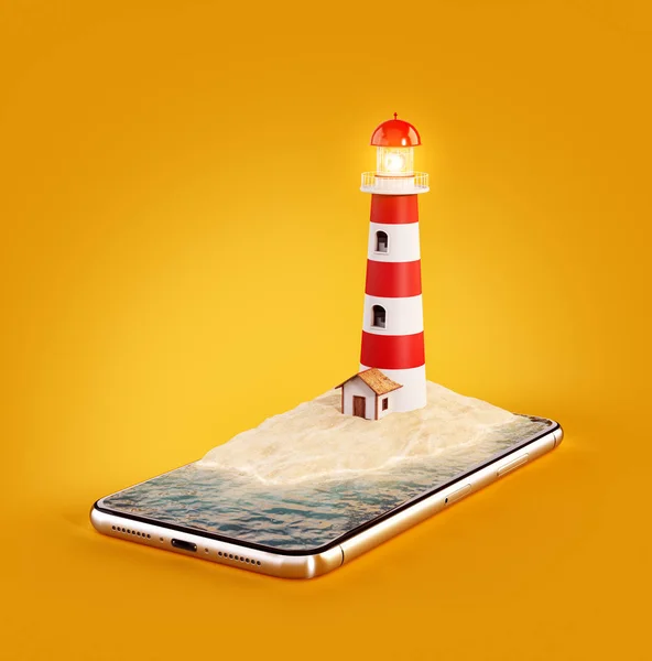 Ungewöhnliche 3D-Illustration eines Leuchtturms auf einem Smartphone-Bildschirm. Reise- und Urlaubskonzept — Stockfoto