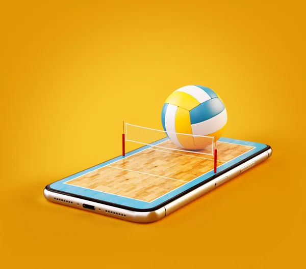 Ilustración inusual en 3D de una pelota de voleibol y en la cancha en la pantalla de un teléfono inteligente. Ver voleibol y apostar concepto en línea — Foto de Stock
