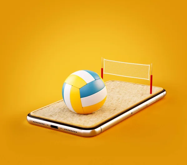バレーボールのボールとスマート フォン画面上の裁判所の異常な 3 d イラスト。浜のバレーボールを見て、オンラインのコンセプトを賭ける — ストック写真