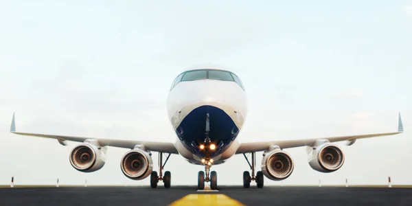 Avión comercial blanco parado en la pista del aeropuerto al atardecer. Vista frontal del avión de pasajeros está despegando. Concepto de avión Ilustración 3D . — Foto de Stock