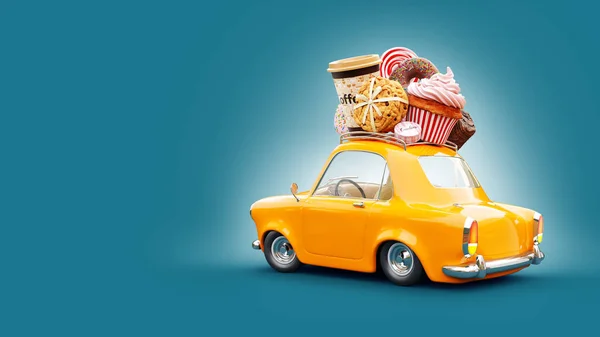 Cute fantastic chocolade car with sweets and coffee on top. — Stock Photo, Image