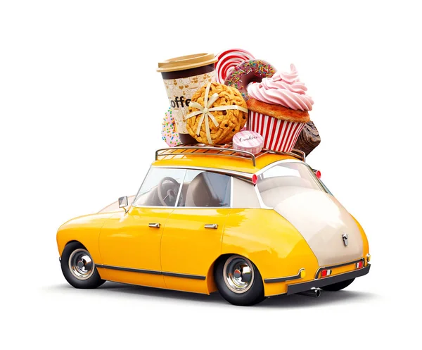 Słodkie czekolady fantastyczny samochód ze słodyczy i kawy na górze. — Zdjęcie stockowe