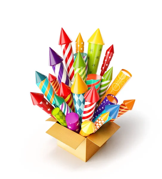 Cohetes de fuegos artificiales de colores brillantes en una caja . — Foto de Stock
