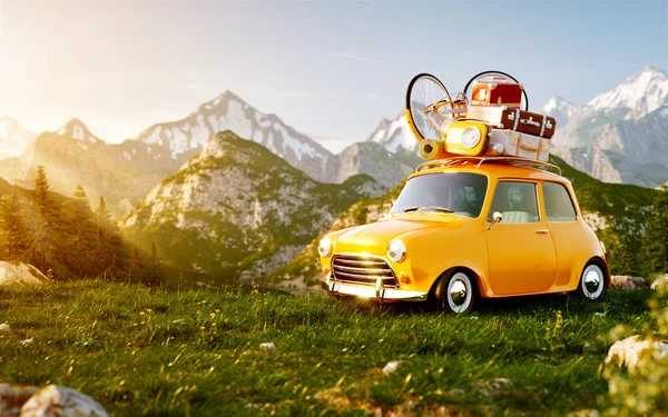 Cute little retro car with suitcases and bicycle on top on grass field at mountain in summer day. — Stock Photo, Image