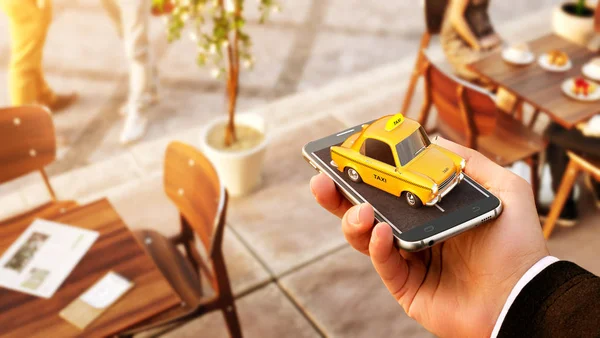 Smartphone application of taxi service for online searching calling and booking a cab. Unusual 3D illustration of taxi cab on smart phone in hand. — Stock Photo, Image