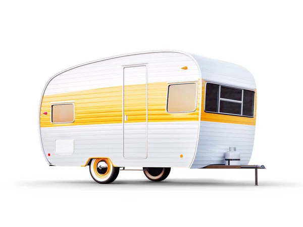 Remolque retro aislado en blanco. Ilustración inusual en 3D de una caravana clásica. Camping y concepto de viaje — Foto de Stock