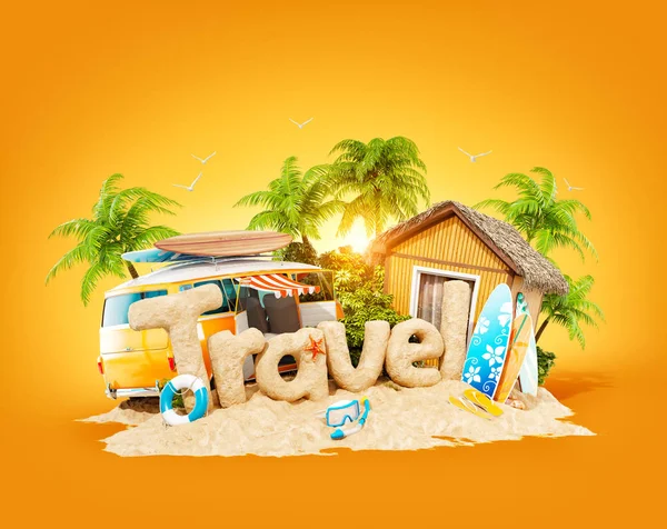 La palabra Viaje hecho de arena en la isla tropical. Ilustración inusual 3d de vacaciones de verano. Concepto de viajes y vacaciones . — Foto de Stock