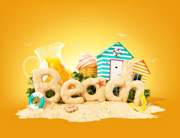 The word Beach made of sand on tropical island. Unusual 3d illustration of summer vacation. Travel and vacation concept. — Stock Photo, Image