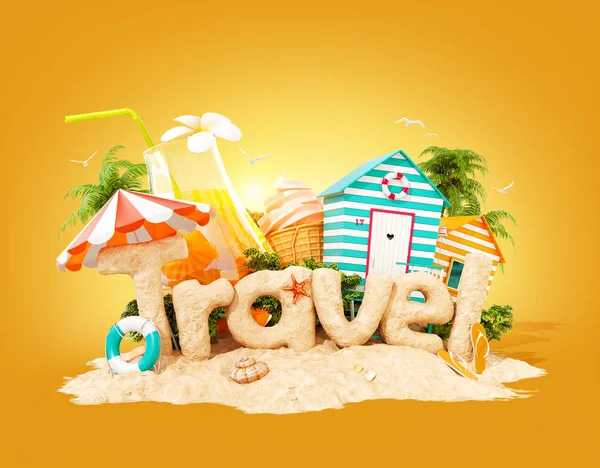 Das Wort Reise aus Sand auf der tropischen Insel. Ungewöhnliche 3D-Illustration der Sommerferien. Reise- und Urlaubskonzept. — Stockfoto
