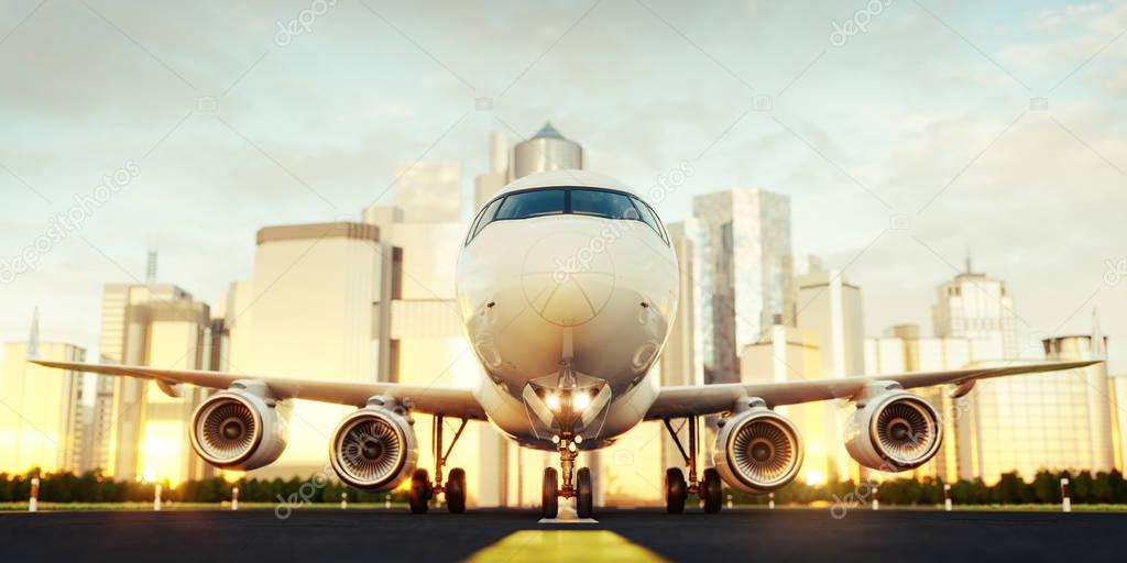 White commercial airplane standing on the airport runway at skyscrapers of a city.