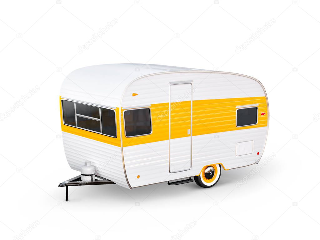 Retro trailer isolaten on white. Unusual 3d illustration of a classic caravan. Camping and traveling concept