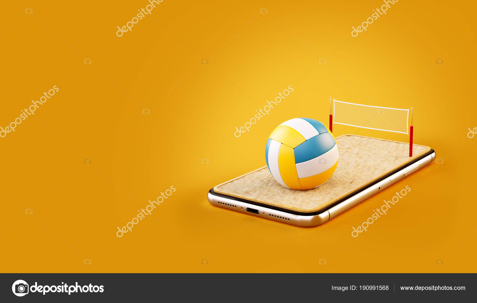 Unusual 3d illustration of a volleyball ball and on court on a smartphone screen