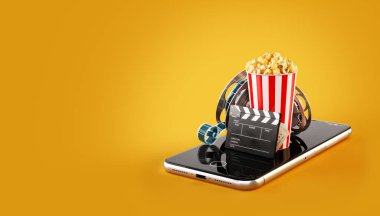 Smartphone Uygulama online satın alma ve sinema biletleri rezervasyon. Canlı film ve video izlemek. Patlamış mısır, sinema reel, tek kullanımlık Kupası, tokmağı ve smarthone bilet alışılmadık 3d çizimi