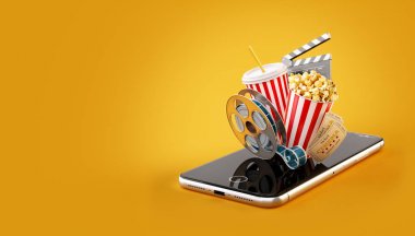 Smartphone Uygulama online satın alma ve sinema biletleri rezervasyon. Canlı film ve video izlemek. Patlamış mısır, sinema reel, tek kullanımlık Kupası, tokmağı ve smarthone bilet alışılmadık 3d çizimi