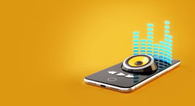 Online satın alma, indirme ve müzik için Smartphone uygulama. Müzik player uygulaması smartphone ekranında alışılmadık 3d çizimi