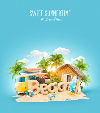 Word plaj kum tropik adada yapılmış. Yaz tatili alışılmadık 3d Illustration. Seyahat ve tatil kavramı.