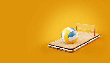 Olağandışı 3d resimde bir voleybol topu ve mahkeme bir smartphone ekranında. Plaj voleybolu izliyor ve online kavramı bahis