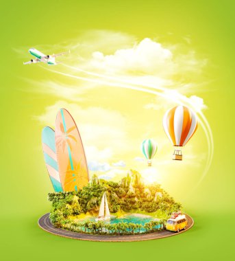 Bir Dağı tropikal plaj ve çevresinde yol ile olağandışı 3d çizimi.