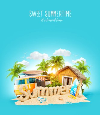 Kelime yaz kumun tropik ada üzerinde yapılmış. Yaz tatili alışılmadık 3d Illustration. Seyahat ve tatil kavramı.