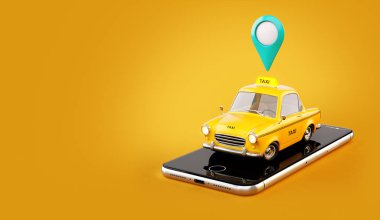 Taksi hizmeti çevrimiçi arama arama ve bir taksi rezervasyon için Smartphone uygulama. Taksi akıllı telefon üzerinde olağandışı 3d çizimi.