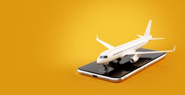 Çevrimiçi arama için Smartphone Uygulama, Internet üzerinde satın alma ve rezervasyon uçuşlar. Online check-in olağandışı ticari uçak akıllı telefon üzerinde 3d çizimi