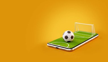 Futbol sahası ve futbol topu bir smartphone ekranda sıradışı 3d çizimi. Futbol izlerken ve online kavramı bahis