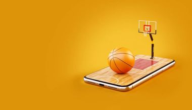 Mahkeme bir smartphone ekranında bir basketbol topu alışılmadık 3d Illustration. Basketbol izliyor ve online kavramı bahis