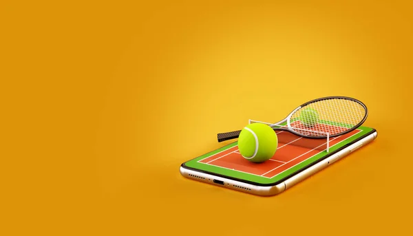 Unusual 3d illustration of a tennis ball and racket on court on a smartphone screen. Watching tennis and betting online concept — Stock Photo, Image