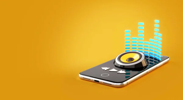 Aplicação Smartphone para compra on-line, download e ouvir música. Ilustração 3D incomum do aplicativo leitor de música na tela do smartphone — Fotografia de Stock