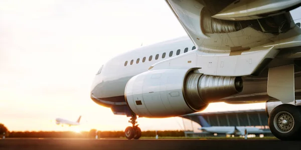 Avión comercial blanco parado en la pista del aeropuerto al atardecer. El avión de pasajeros despega. Concepto de avión Ilustración 3D . — Foto de Stock