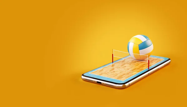 Необычная 3D иллюстрация волейбольного мяча и на корте на экране смартфона. Концепция игры в волейбол и ставок онлайн — стоковое фото