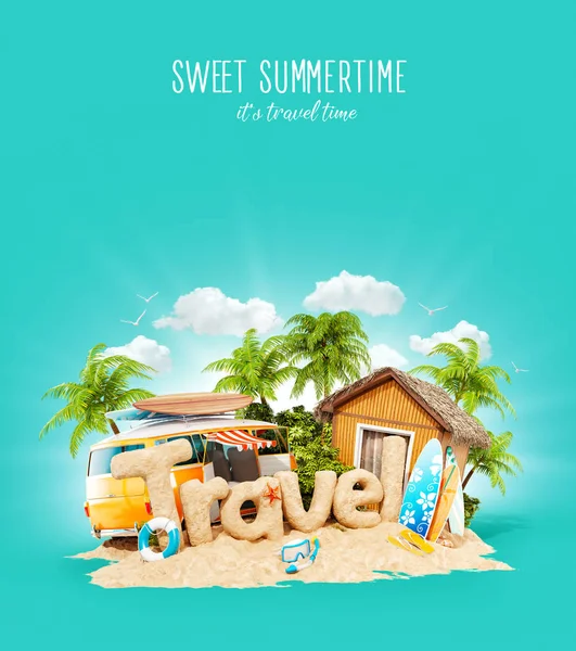 La palabra Viaje hecho de arena en la isla tropical. Ilustración inusual 3d de vacaciones de verano. Concepto de viajes y vacaciones . —  Fotos de Stock