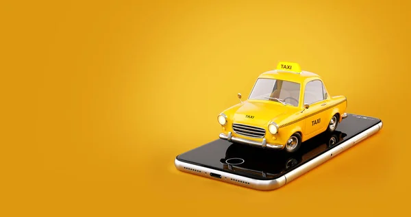 オンライン検索呼び出し、タクシーの予約のためのタクシー サービスのスマート フォン アプリケーション。スマート フォンでタクシーの珍しい 3 d イラストレーション. — ストック写真