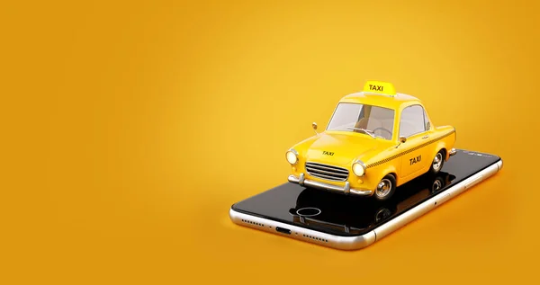 Aplicación de teléfono inteligente del servicio de taxi para la búsqueda en línea llamando y reservando un taxi. Ilustración 3D inusual de taxi en el teléfono inteligente . —  Fotos de Stock